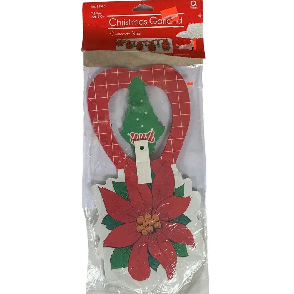 Vintage Christmas Garland 7.5 Feet Poinsettia Flower Paper Garland Xmas Decor